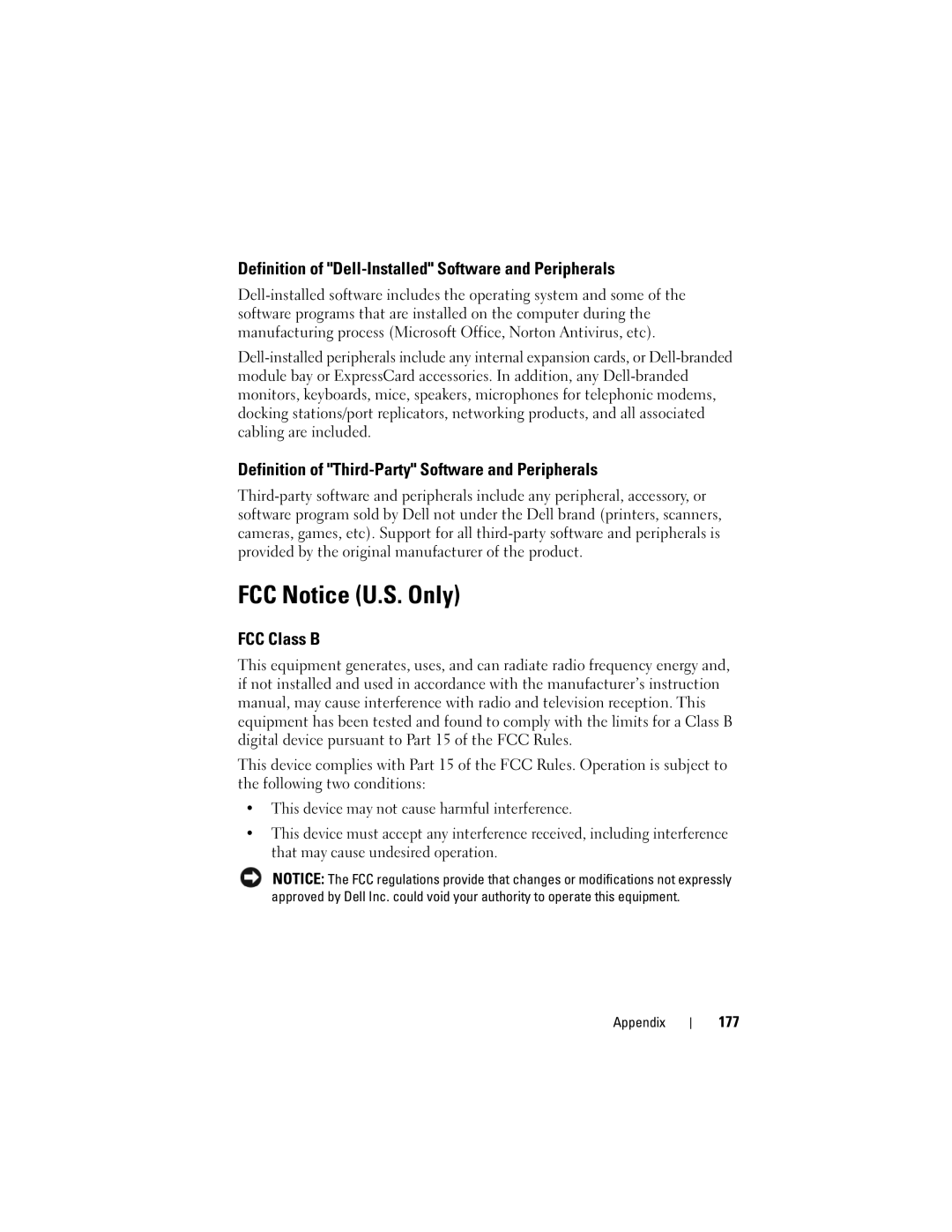 Dell M1530 owner manual FCC Notice U.S. Only, Definition of Dell-Installed Software and Peripherals, FCC Class B, 177 