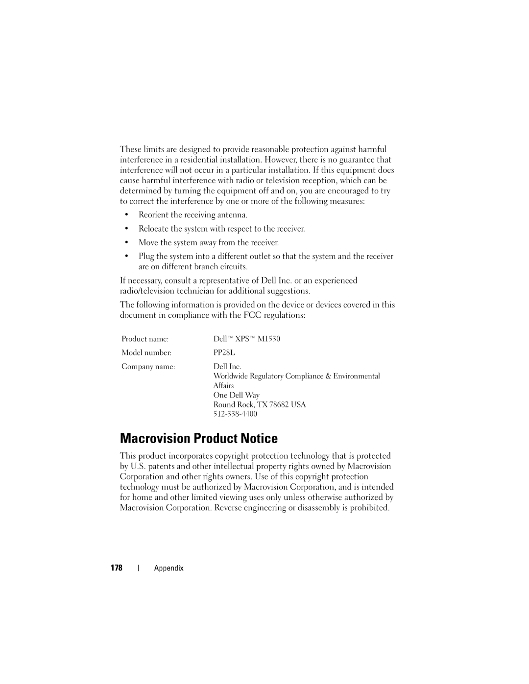 Dell M1530 owner manual Macrovision Product Notice, 178, Affairs 