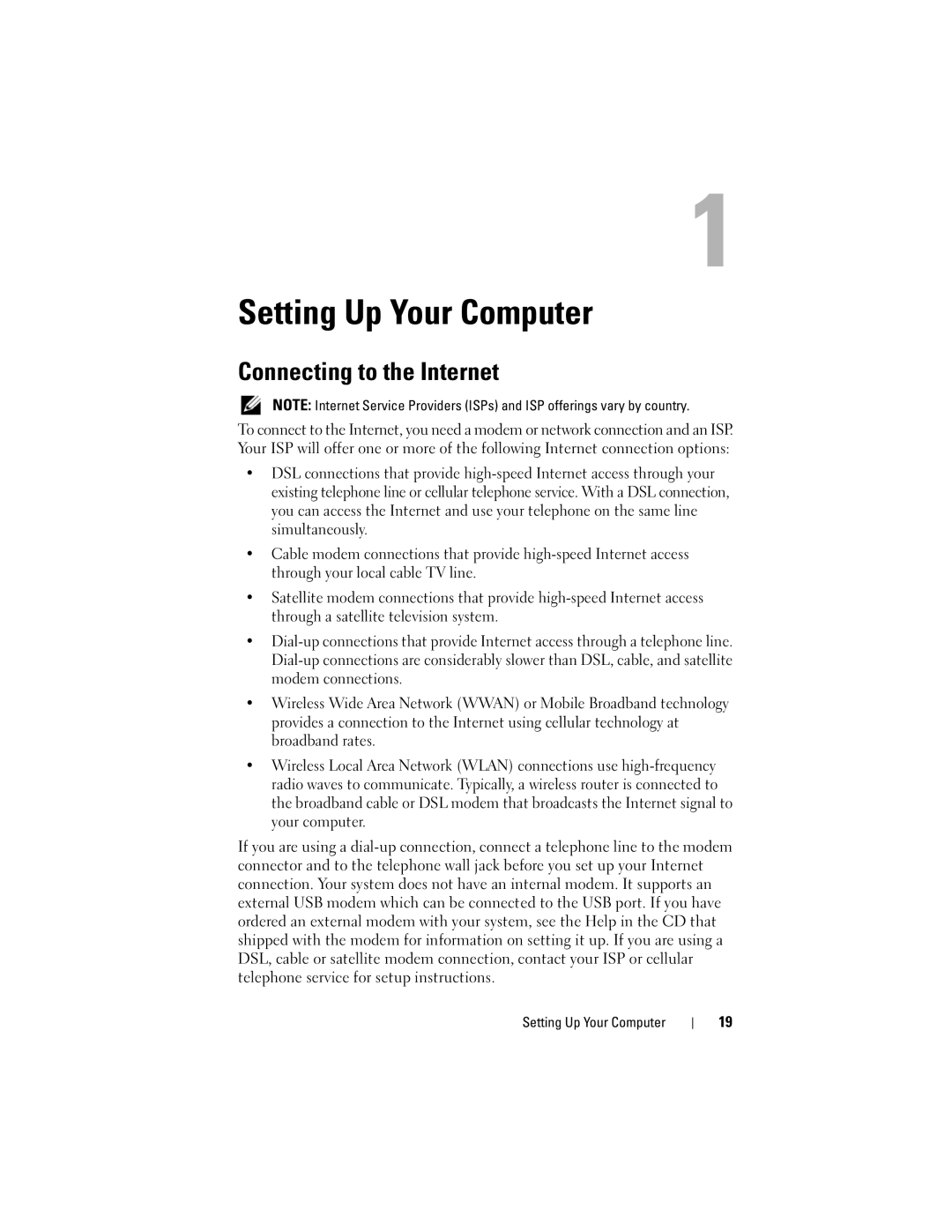 Dell M1530 owner manual Setting Up Your Computer, Connecting to the Internet 