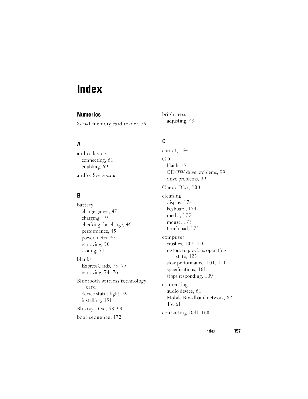 Dell M1530 owner manual Index, 197 