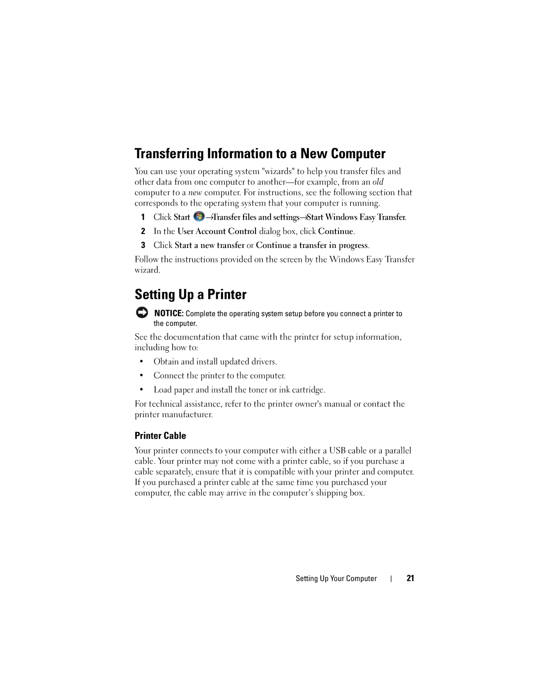 Dell M1530 owner manual Transferring Information to a New Computer, Setting Up a Printer, Printer Cable 