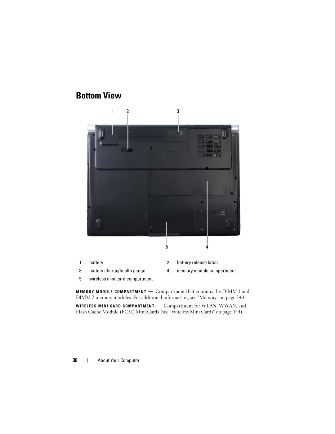 Dell M1530 owner manual Bottom View, Battery Battery release latch Battery charge/health gauge 