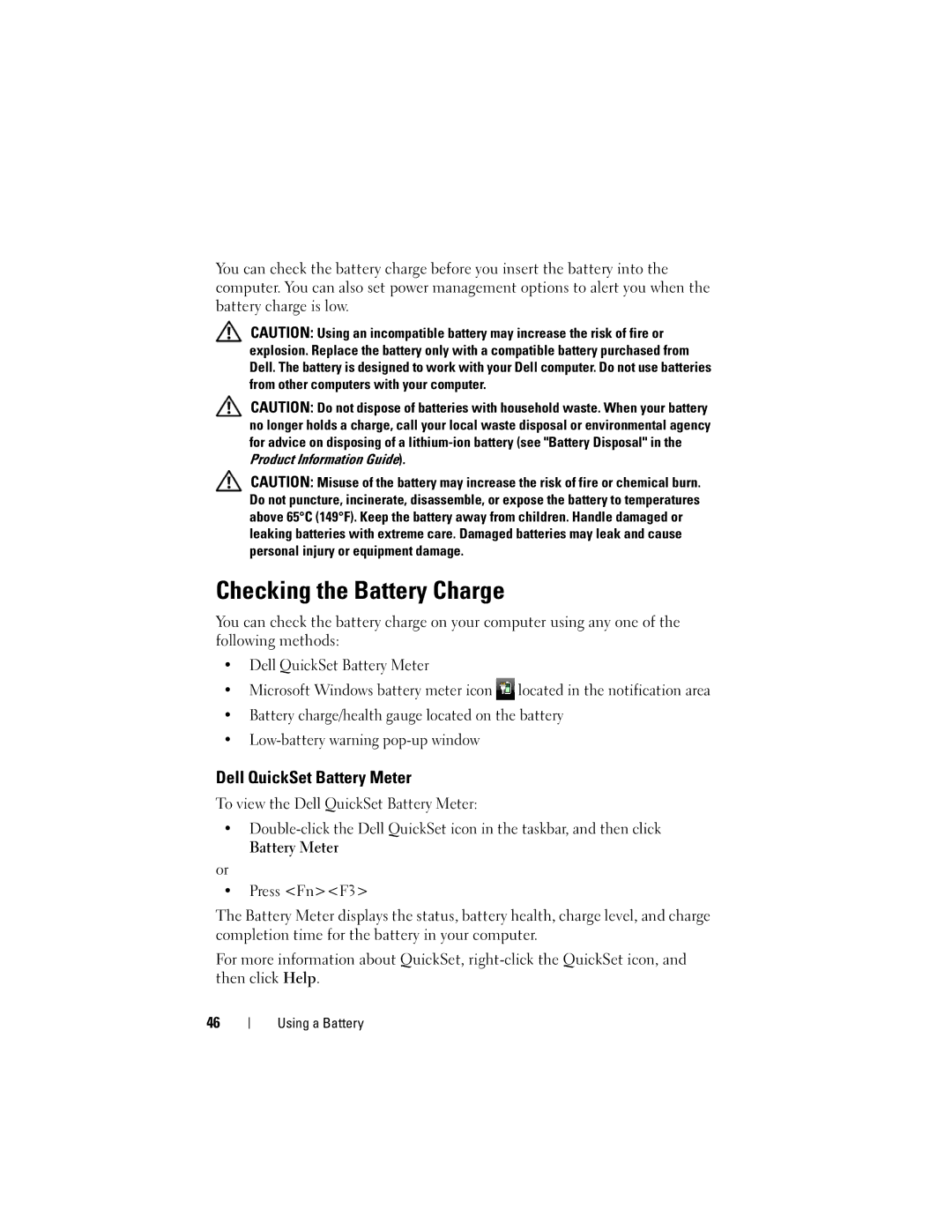 Dell M1530 owner manual Checking the Battery Charge, Dell QuickSet Battery Meter 