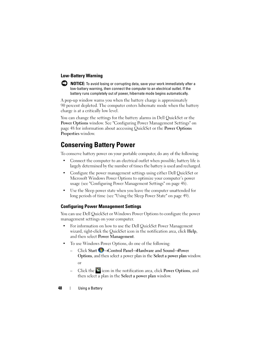 Dell M1530 owner manual Conserving Battery Power, Low-Battery Warning, Configuring Power Management Settings 