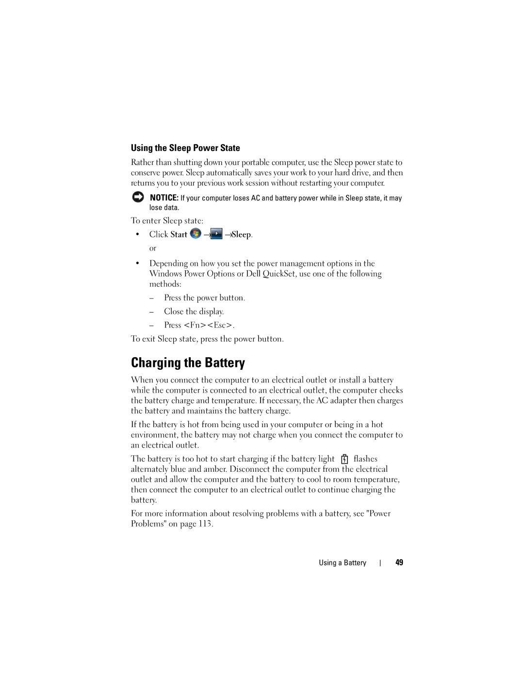 Dell M1530 owner manual Charging the Battery, Using the Sleep Power State 