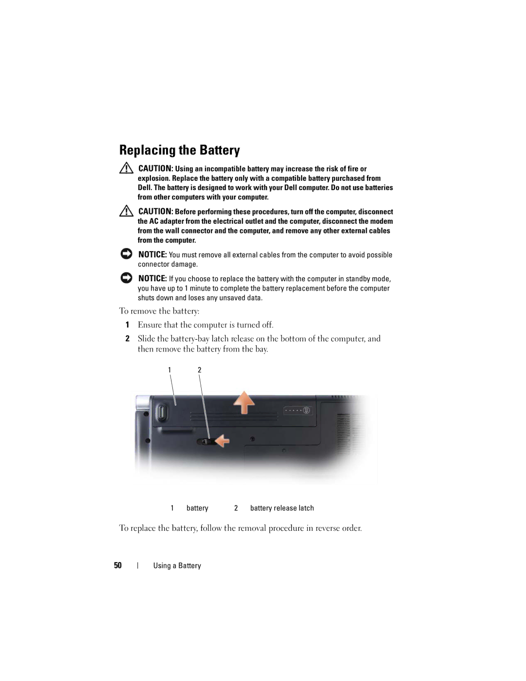 Dell M1530 owner manual Replacing the Battery 