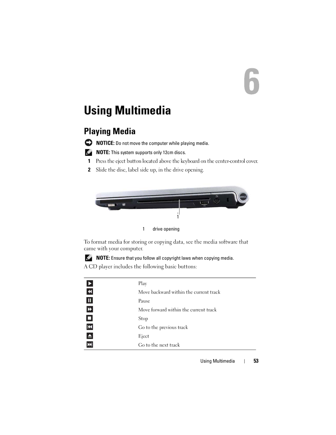 Dell M1530 owner manual Using Multimedia, Playing Media, Drive opening 