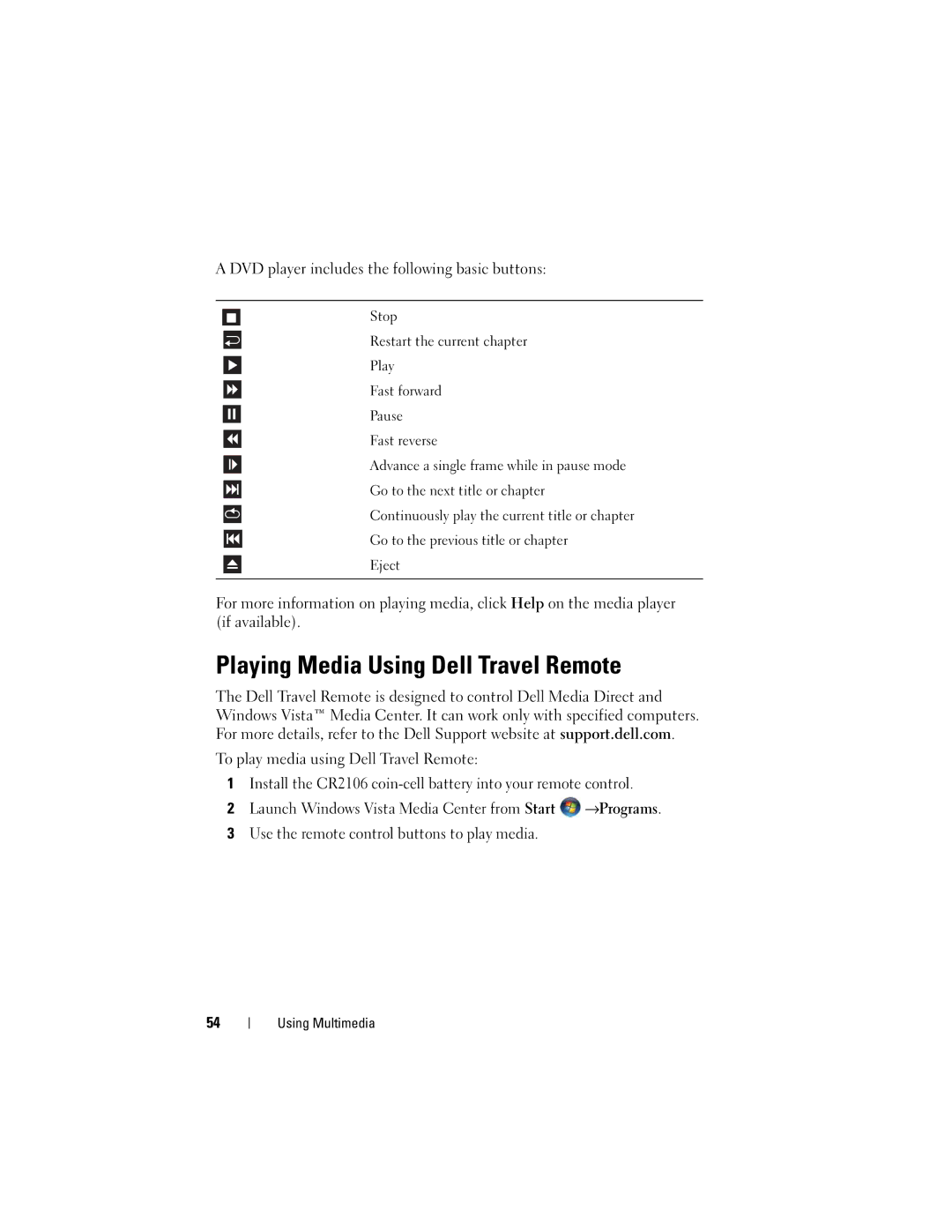 Dell M1530 owner manual Playing Media Using Dell Travel Remote, DVD player includes the following basic buttons 