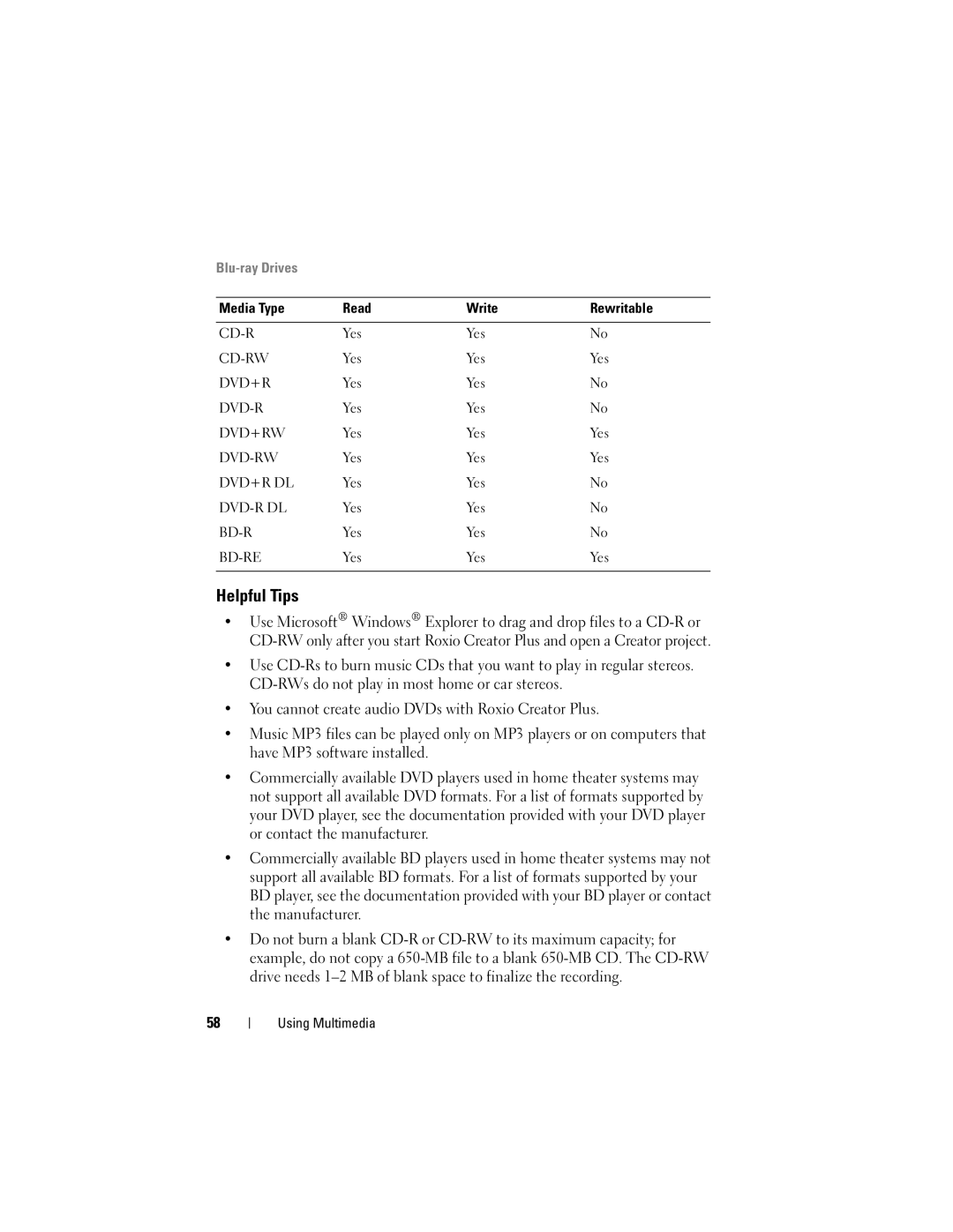 Dell M1530 owner manual Helpful Tips, Blu-ray Drives 