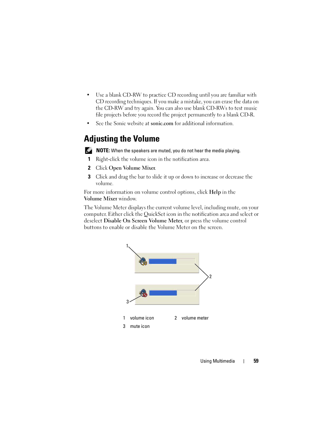 Dell M1530 owner manual Adjusting the Volume, Volume icon, Mute icon Using Multimedia 