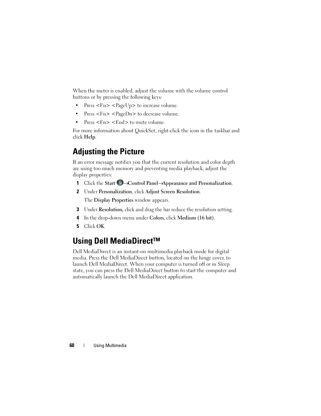 Dell M1530 owner manual Adjusting the Picture, Using Dell MediaDirect 