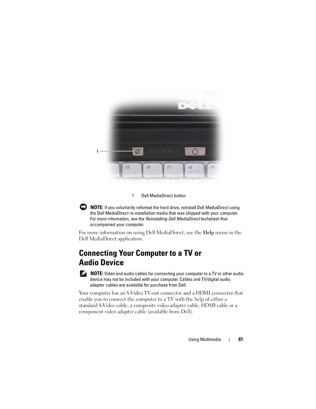 Dell M1530 owner manual Connecting Your Computer to a TV or Audio Device, Dell MediaDirect button 