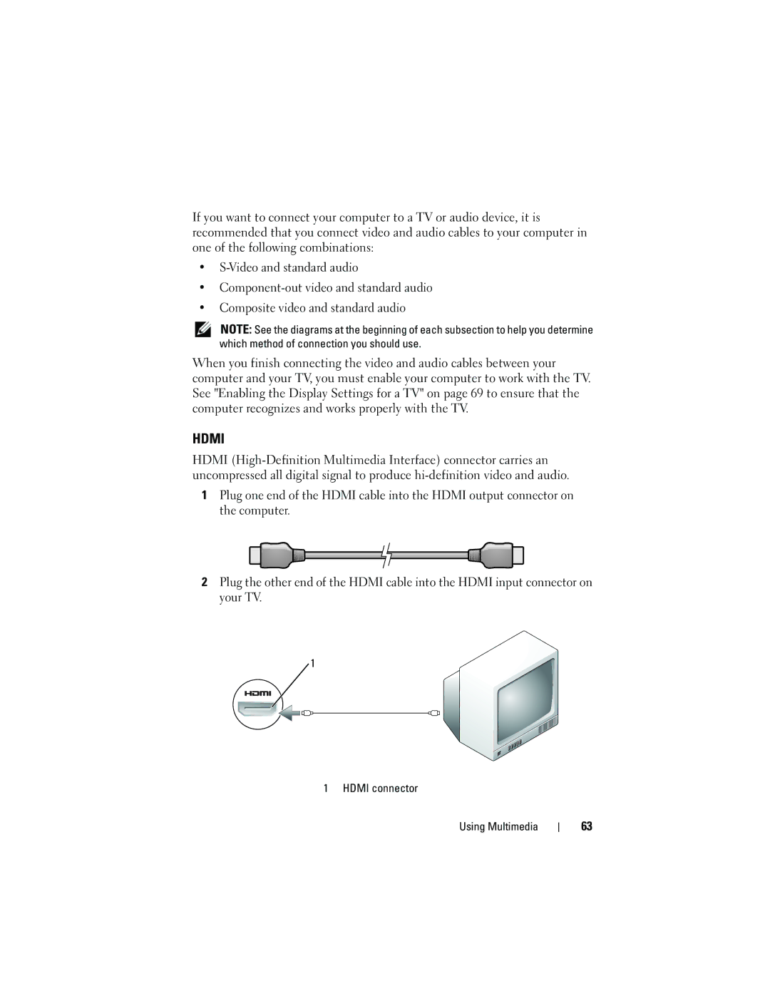 Dell M1530 owner manual Hdmi connector Using Multimedia 