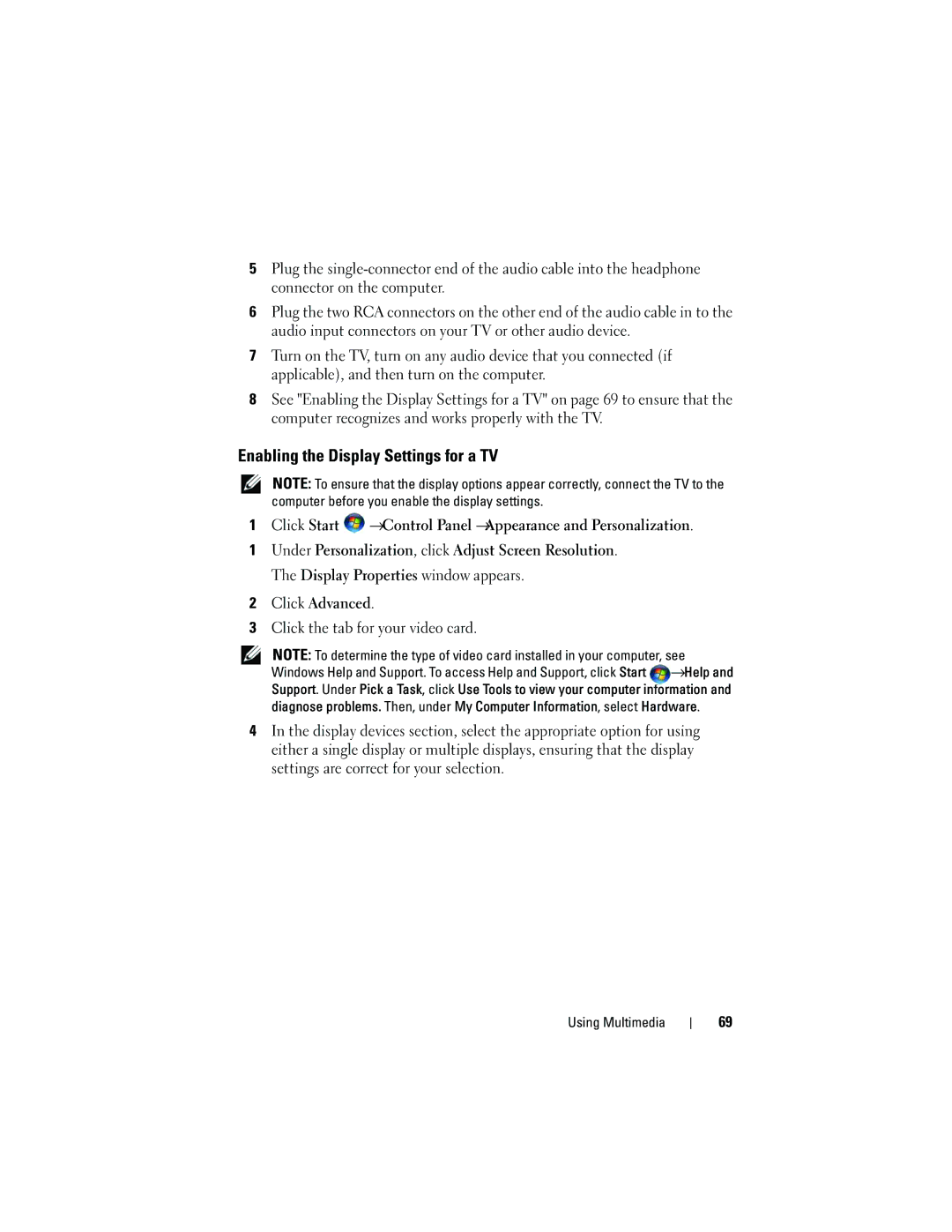 Dell M1530 owner manual Enabling the Display Settings for a TV 