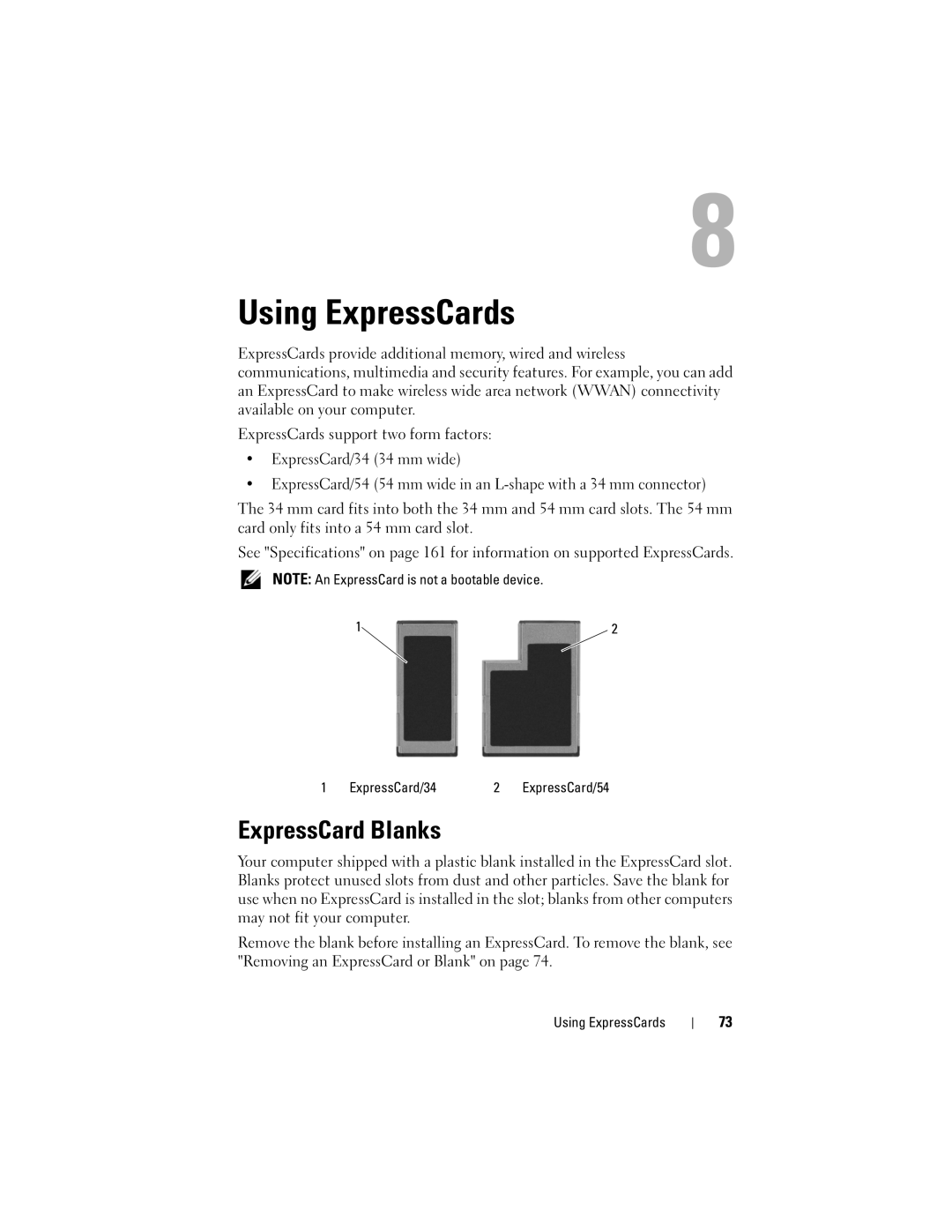 Dell M1530 owner manual Using ExpressCards, ExpressCard Blanks, ExpressCard/34 