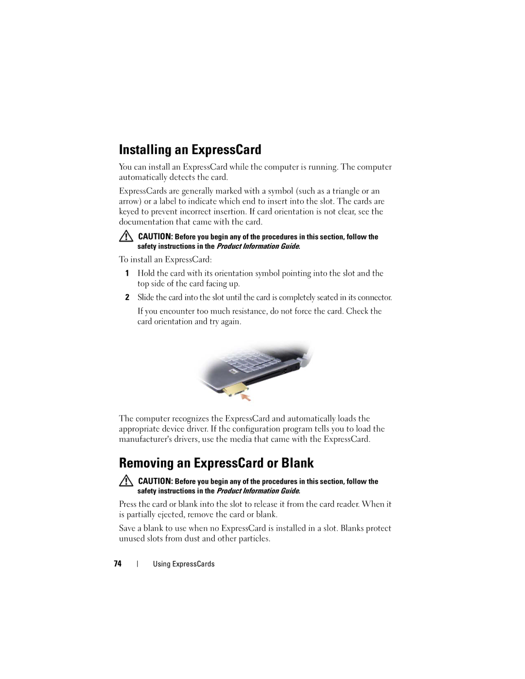 Dell M1530 owner manual Installing an ExpressCard, Removing an ExpressCard or Blank 