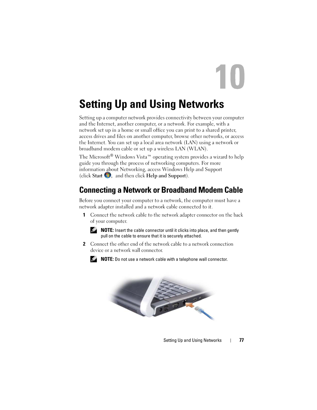 Dell M1530 owner manual Setting Up and Using Networks, Connecting a Network or Broadband Modem Cable 