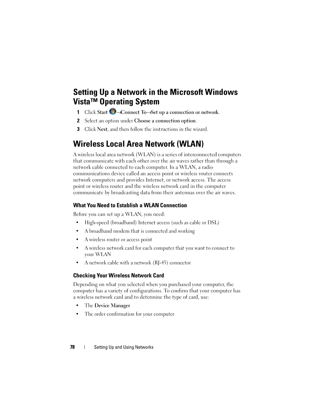 Dell M1530 owner manual Wireless Local Area Network Wlan, What You Need to Establish a Wlan Connection 