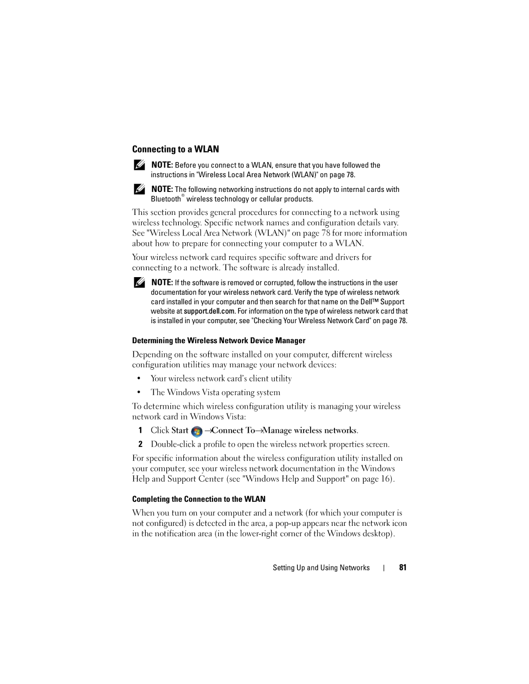 Dell M1530 owner manual Connecting to a Wlan, Completing the Connection to the Wlan 