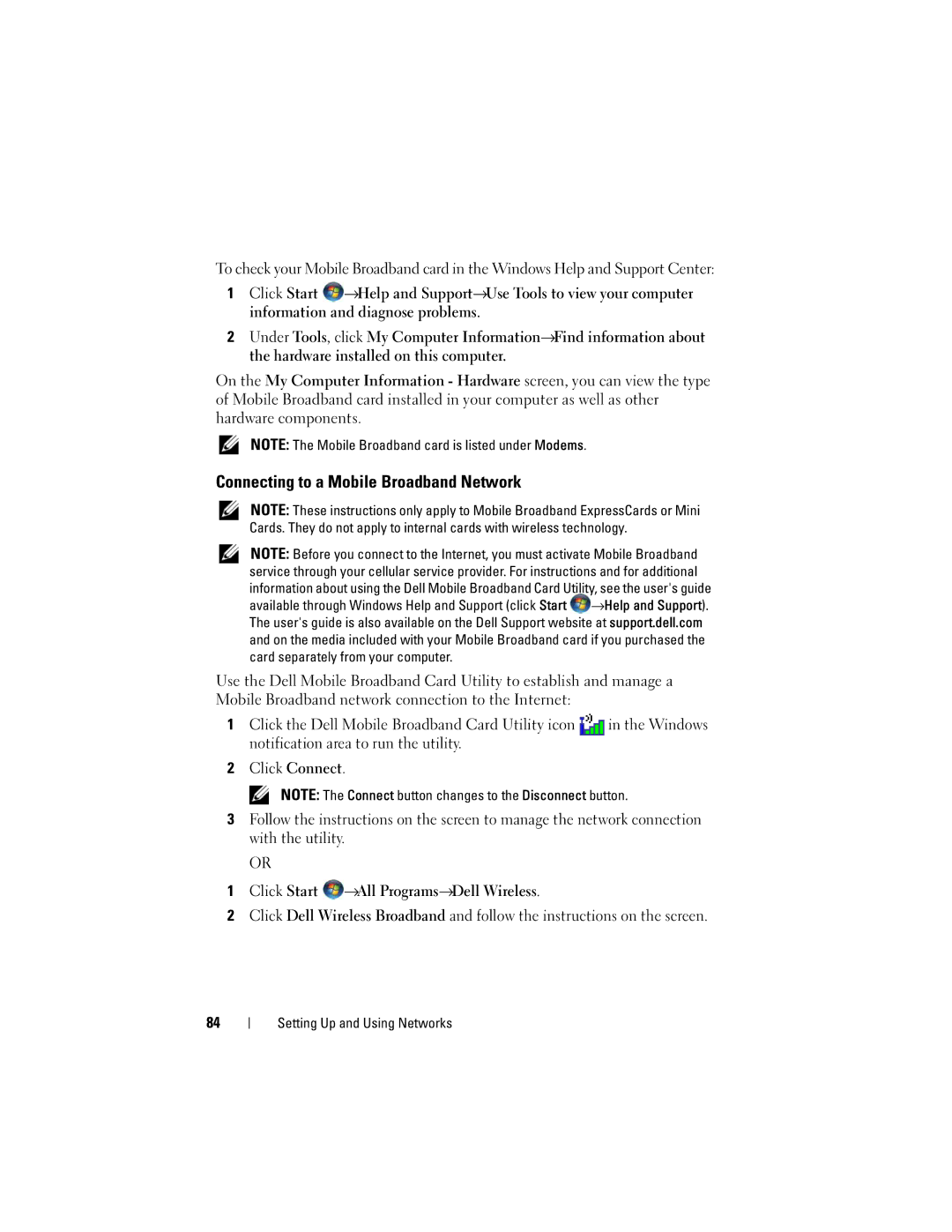 Dell M1530 owner manual Connecting to a Mobile Broadband Network 