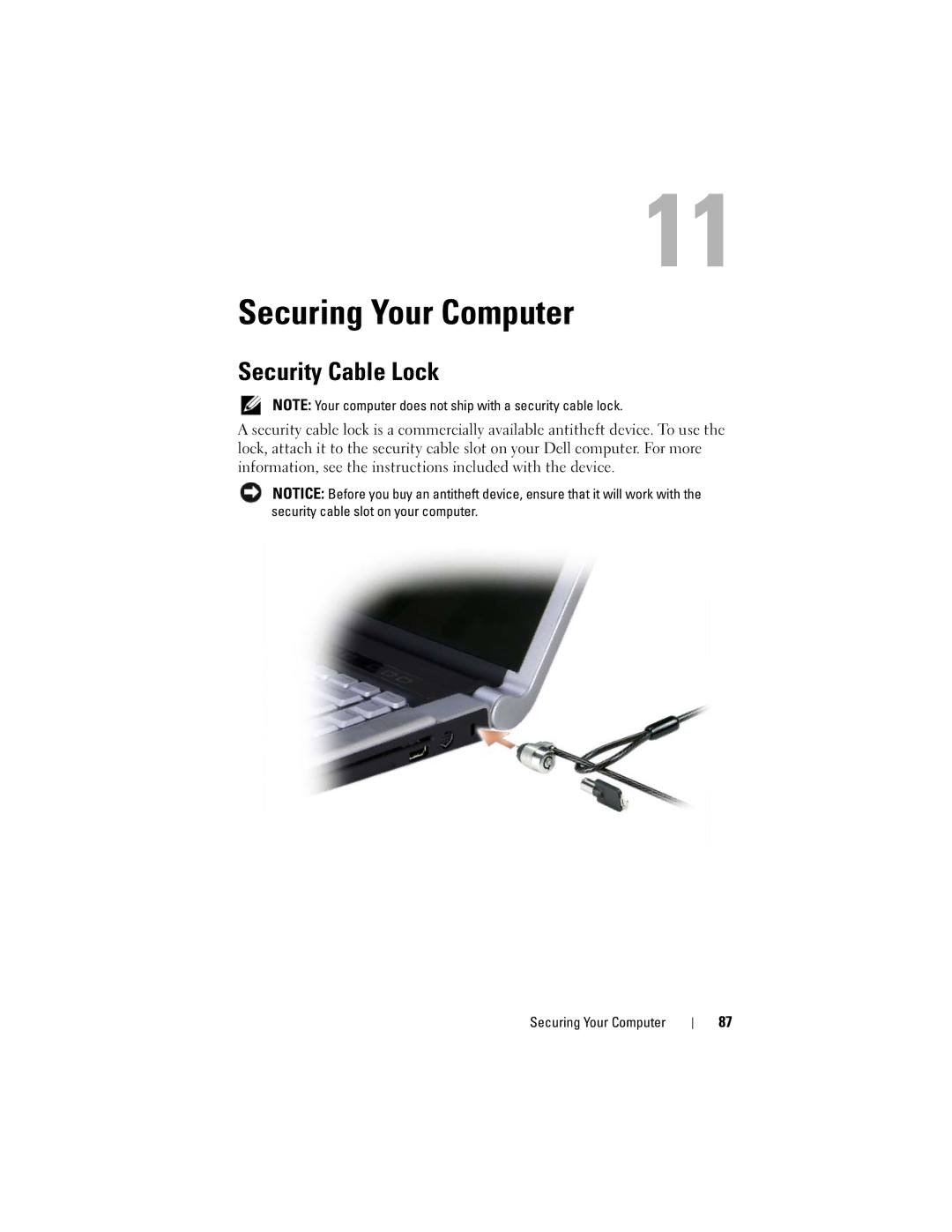 Dell M1530 owner manual Securing Your Computer, Security Cable Lock 