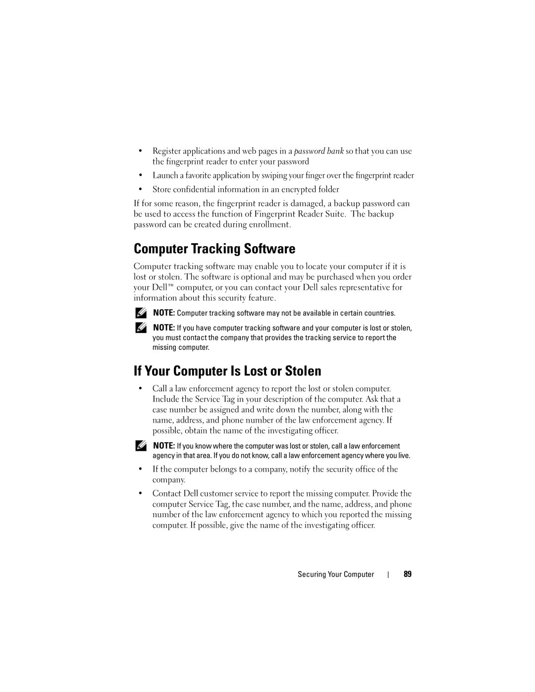 Dell M1530 owner manual Computer Tracking Software, If Your Computer Is Lost or Stolen 