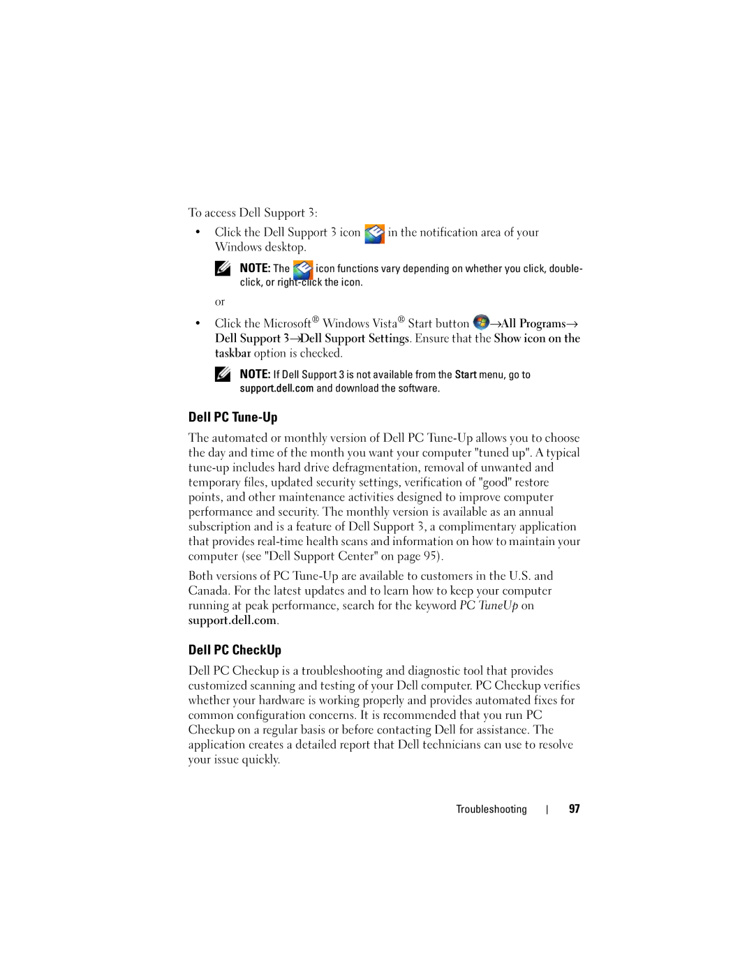 Dell M1530 owner manual Dell PC Tune-Up, Dell PC CheckUp, Click, or right-click the icon 