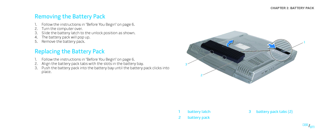 Dell M15x service manual Removing the Battery Pack, Replacing the Battery Pack 