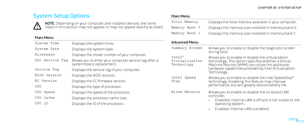 Dell M15x service manual System Setup Options, Summary Screen Intel Virtualization Technology 