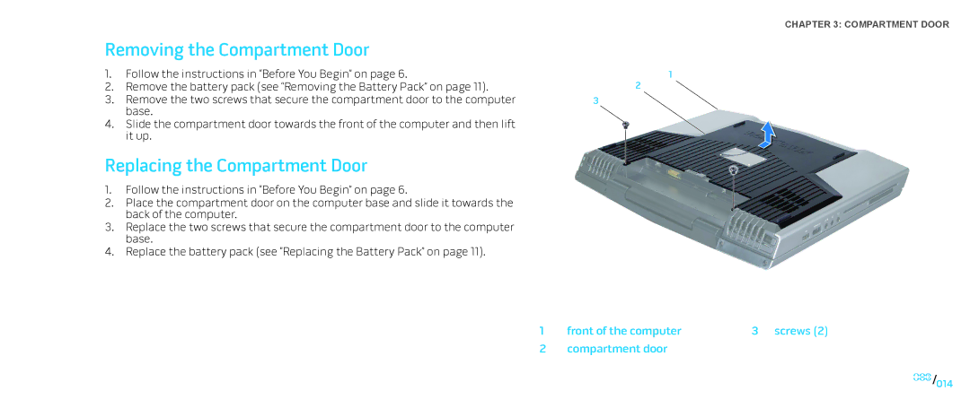 Dell M15x service manual Removing the Compartment Door, Replacing the Compartment Door 