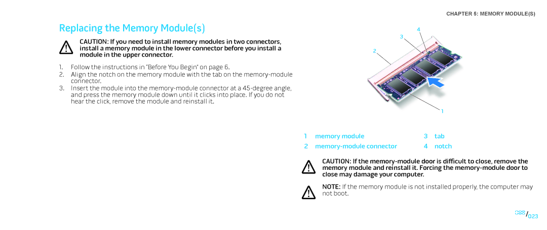 Dell M15x service manual Replacing the Memory Modules, Memory module Tab Memory-module connector Notch 