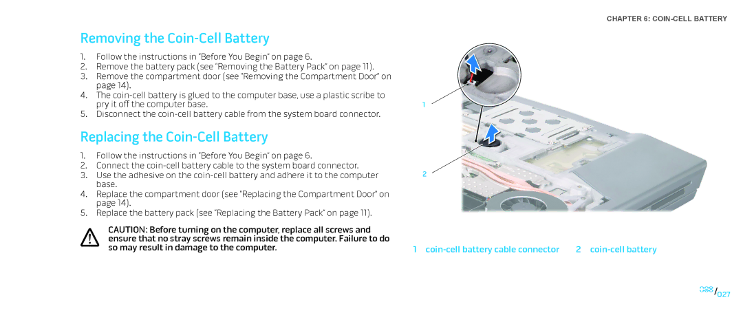 Dell M15x service manual Removing the Coin-Cell Battery, Replacing the Coin-Cell Battery 