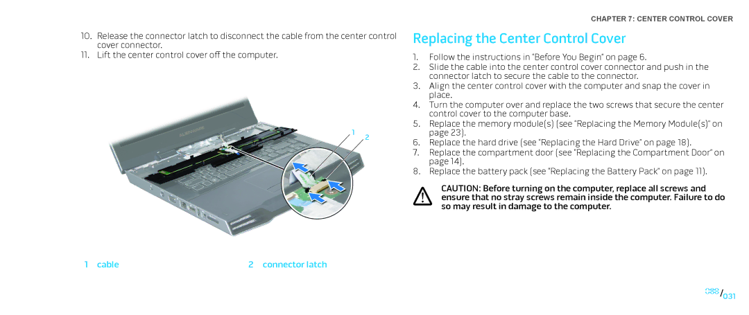 Dell M15x service manual Replacing the Center Control Cover 