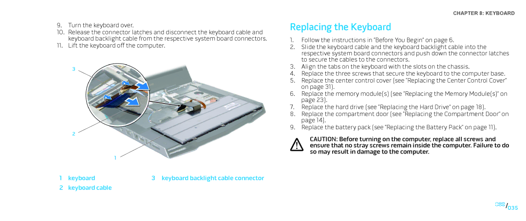 Dell M15x service manual Replacing the Keyboard 