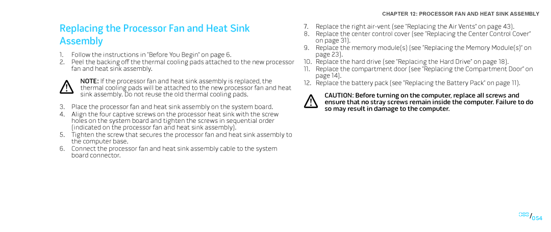 Dell M15x service manual Replacing the Processor Fan and Heat Sink Assembly 