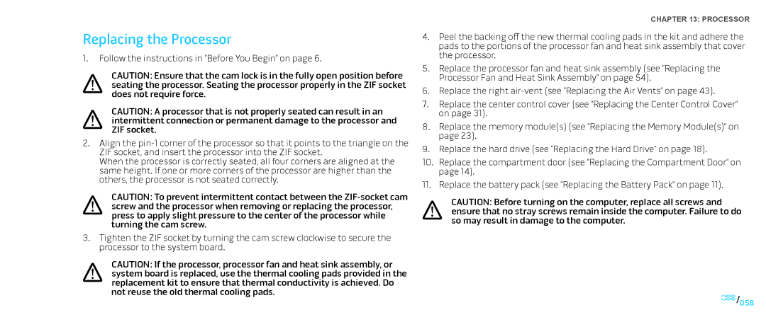 Dell M15x service manual Replacing the Processor 