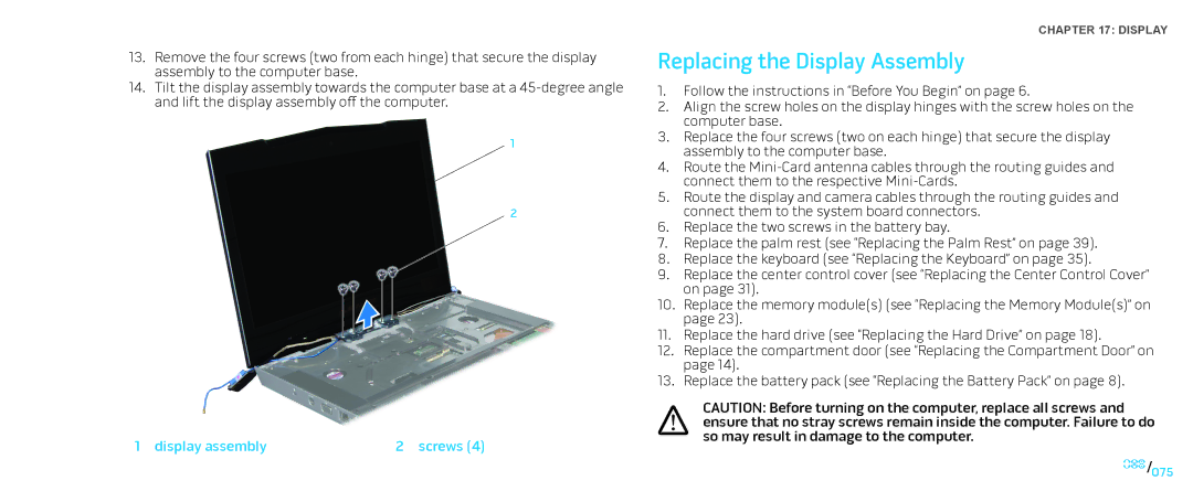 Dell M15x service manual Replacing the Display Assembly 