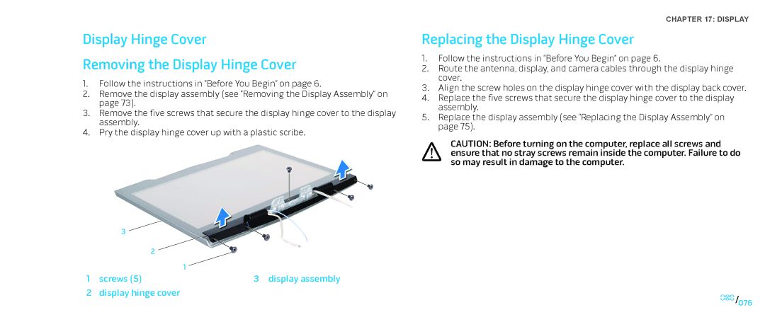 Dell M15x service manual Display Hinge Cover Removing the Display Hinge Cover, Replacing the Display Hinge Cover 