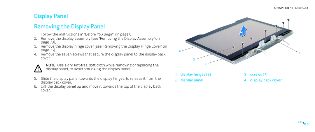 Dell M15x service manual Display Panel Removing the Display Panel, Display hinges Screws Display panel Display back cover 