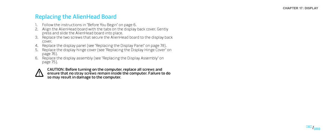 Dell M15x service manual Replacing the AlienHead Board 