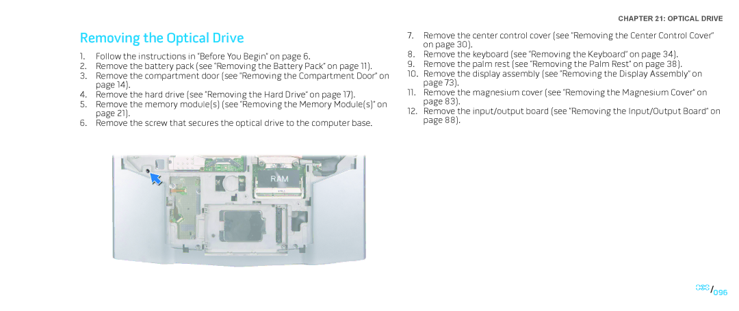 Dell M15x service manual Removing the Optical Drive 