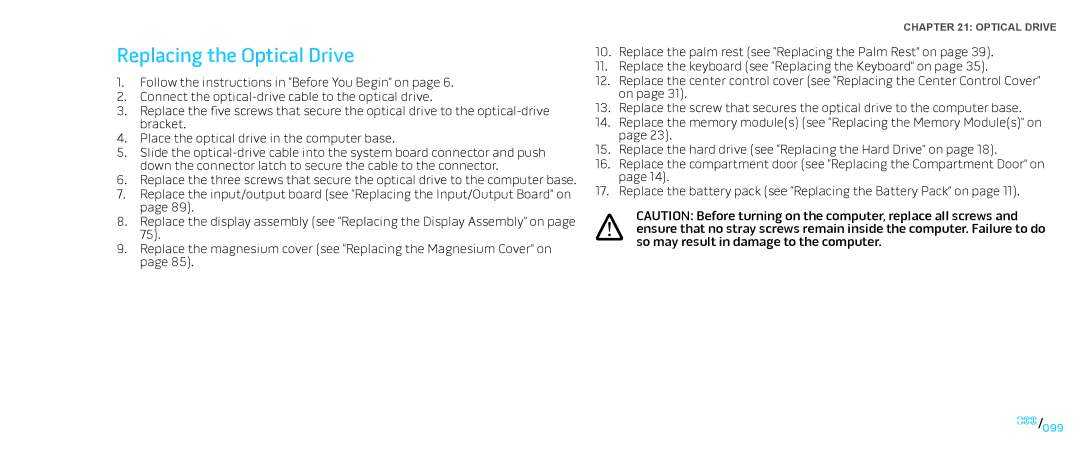 Dell M15x service manual Replacing the Optical Drive 