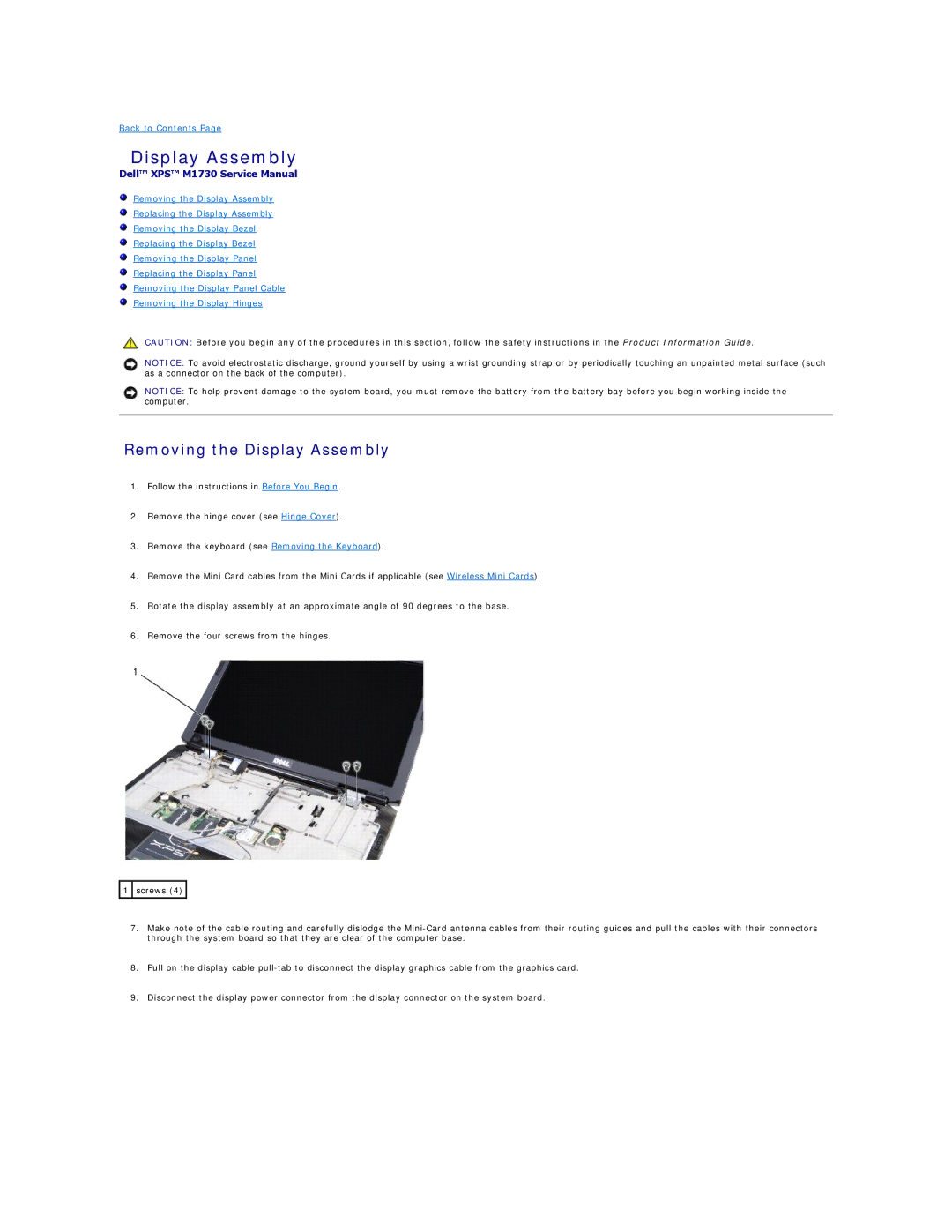 Dell M1730 manual Removing the Display Assembly 