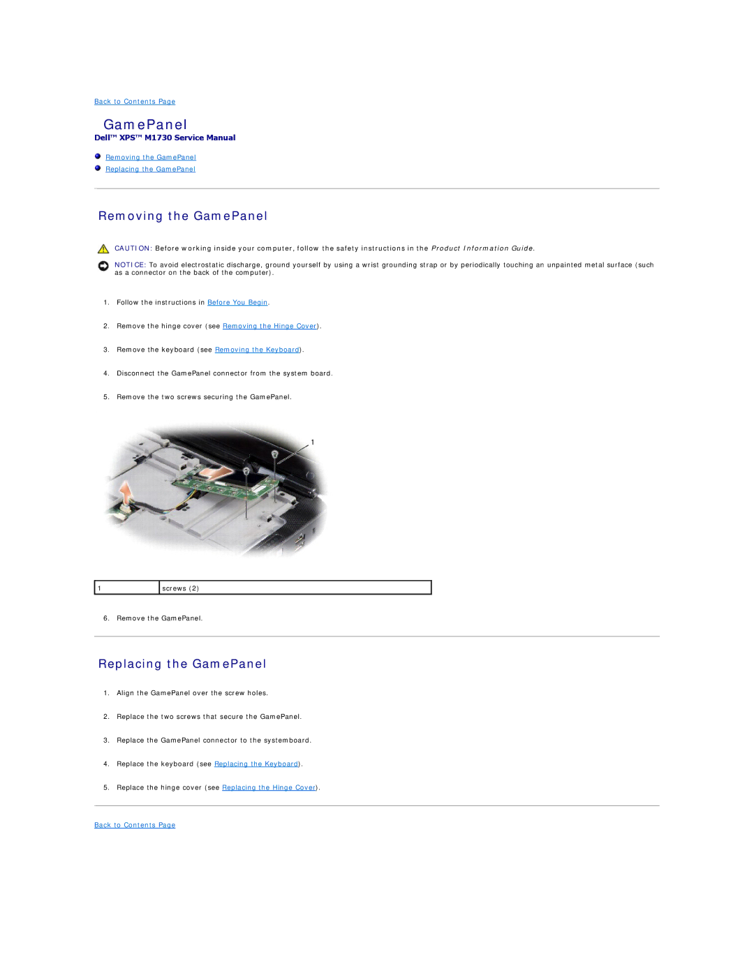 Dell M1730 manual Removing the GamePanel, Replacing the GamePanel 