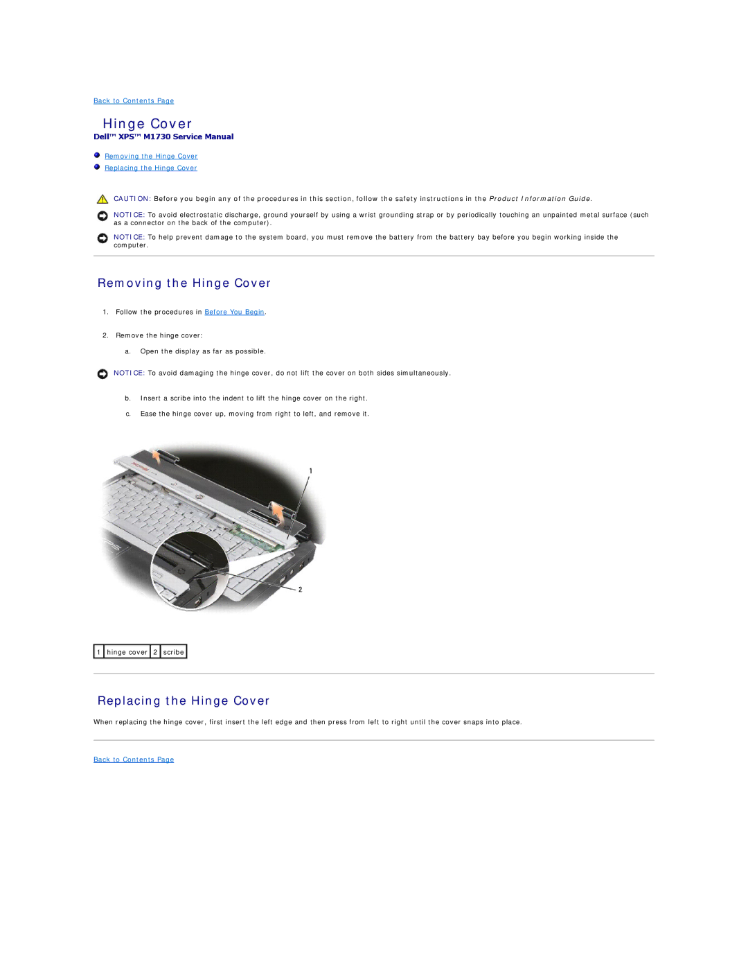 Dell M1730 manual Removing the Hinge Cover, Replacing the Hinge Cover 