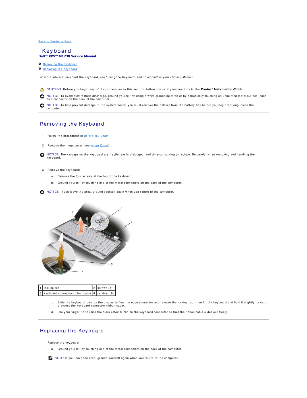 Dell M1730 manual Removing the Keyboard, Replacing the Keyboard 