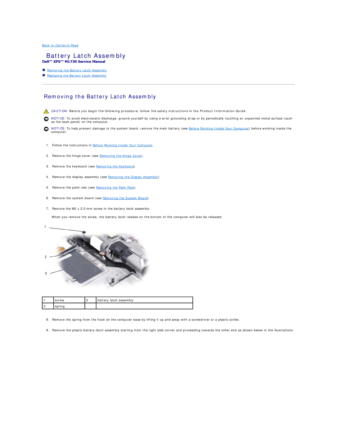 Dell M1730 manual Removing the Battery Latch Assembly 