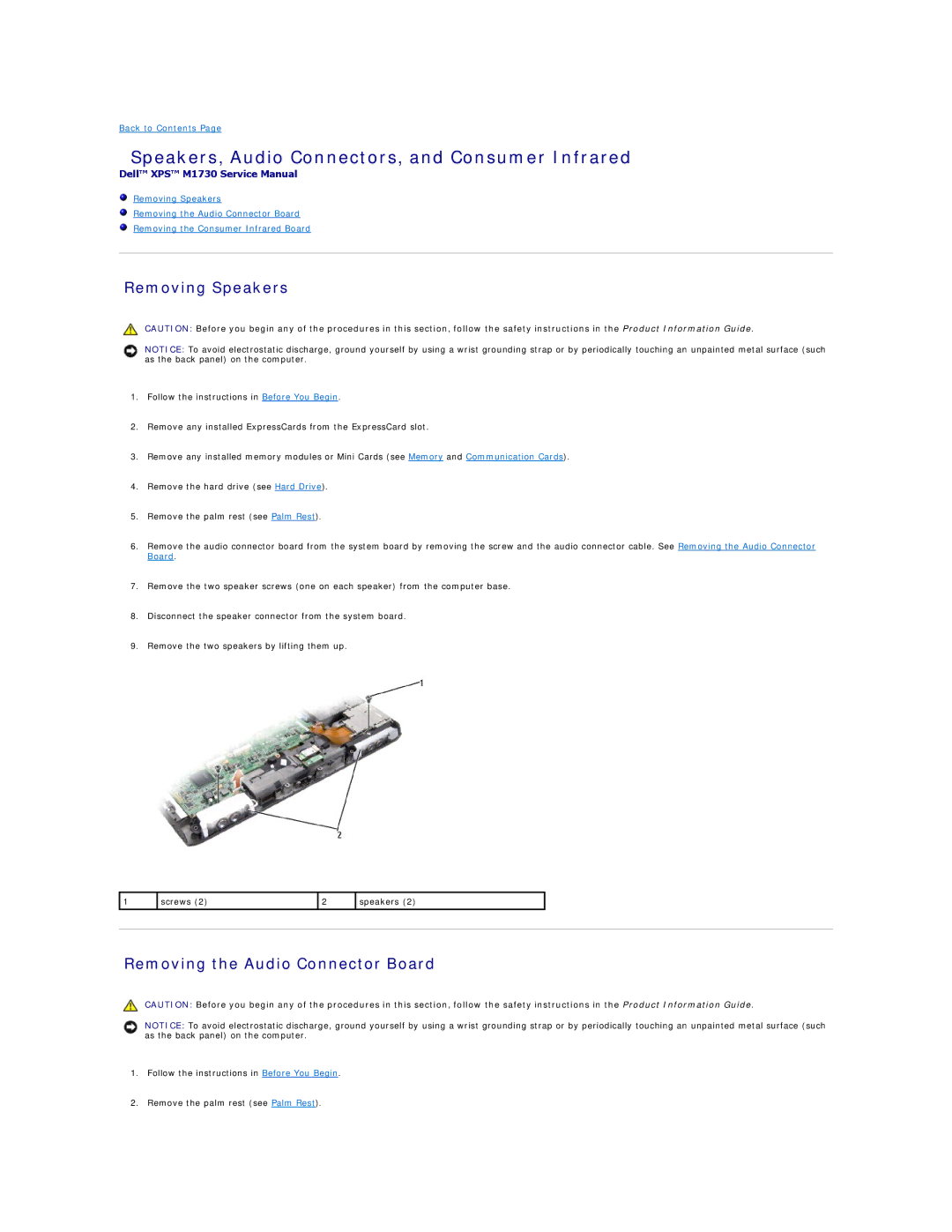 Dell M1730 manual Speakers, Audio Connectors, and Consumer Infrared, Removing Speakers, Removing the Audio Connector Board 