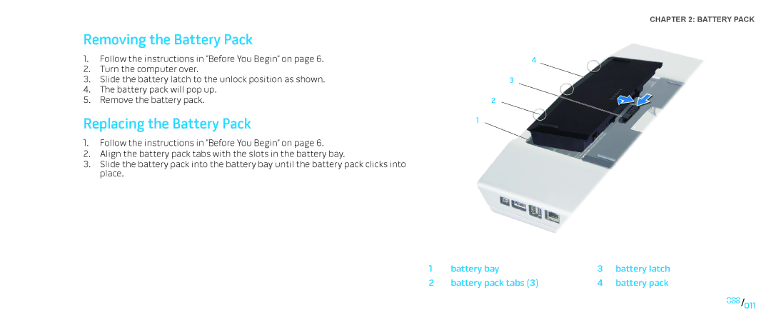 Dell M17X service manual Removing the Battery Pack, Replacing the Battery Pack, Battery bay Battery latch Battery pack tabs 