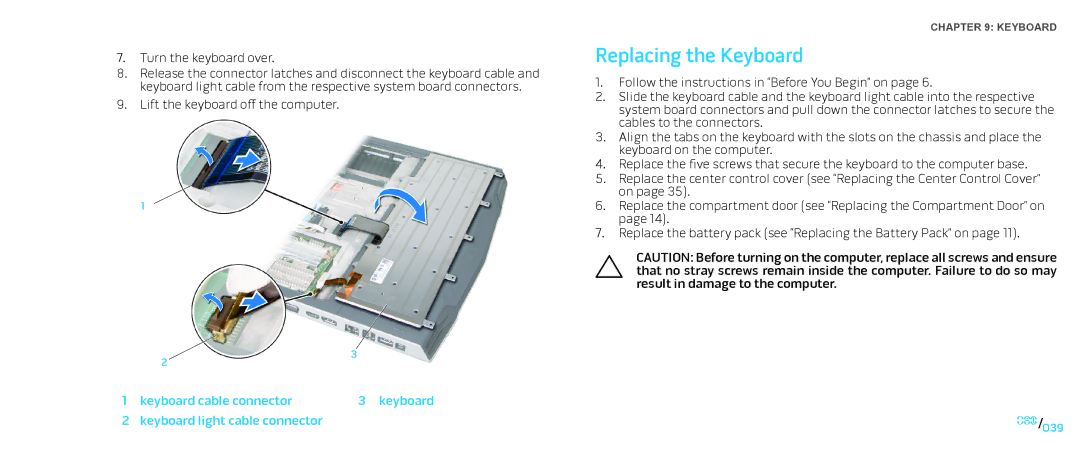 Dell M17X service manual Replacing the Keyboard, Keyboard cable connector Keyboard light cable connector 